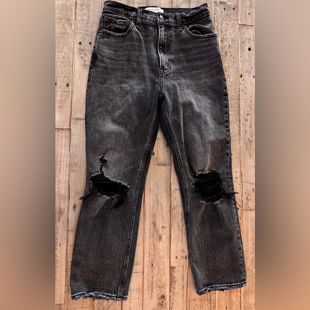 Abercrombie & Fitch Charcoal Distressed Ankle Straight Ultra High Eise